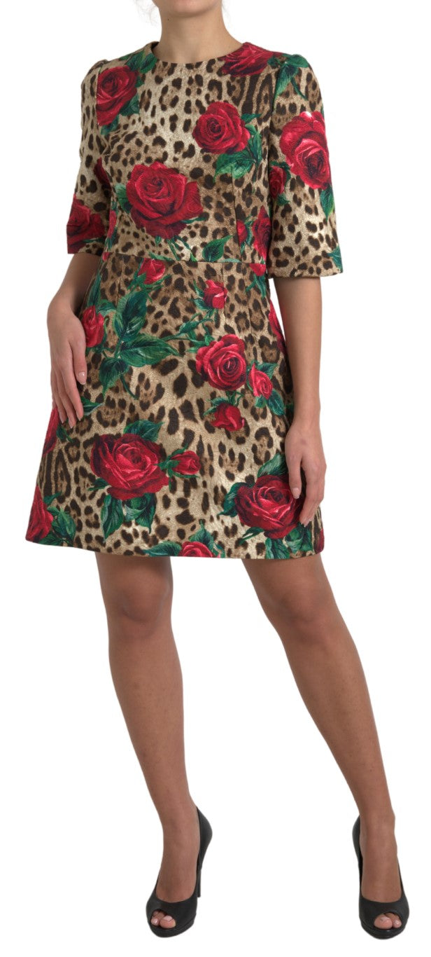 Brown Leopard Red Roses Cotton A-line Dress