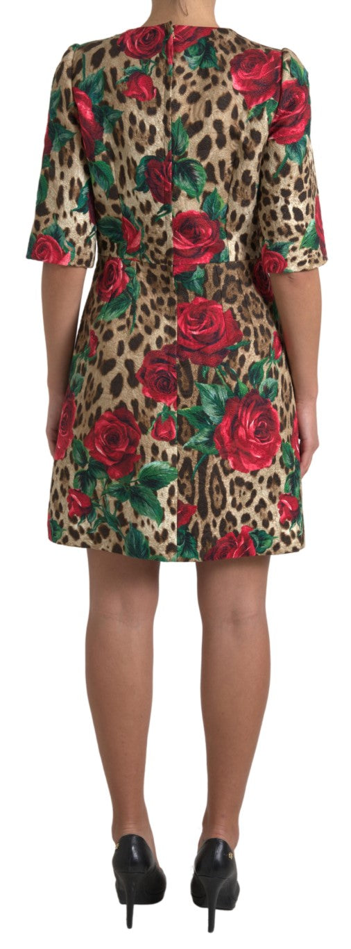 Brown Leopard Red Roses Cotton A-line Dress