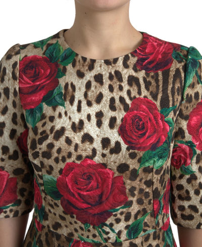 Brown Leopard Red Roses Cotton A-line Dress