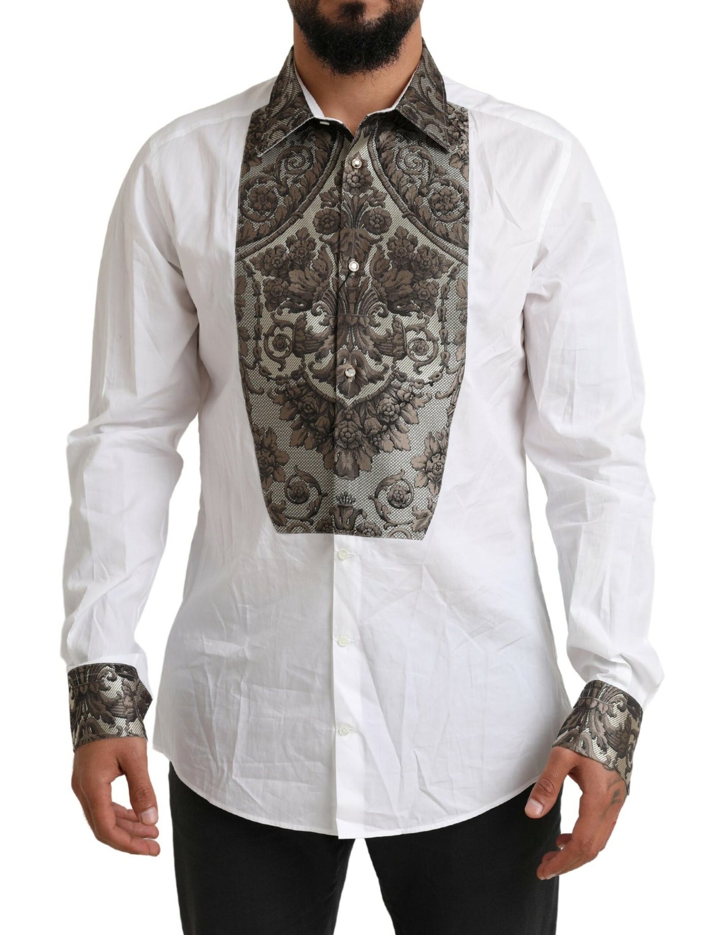 White GOLD Floral Brocade Cotton Formal Shirt