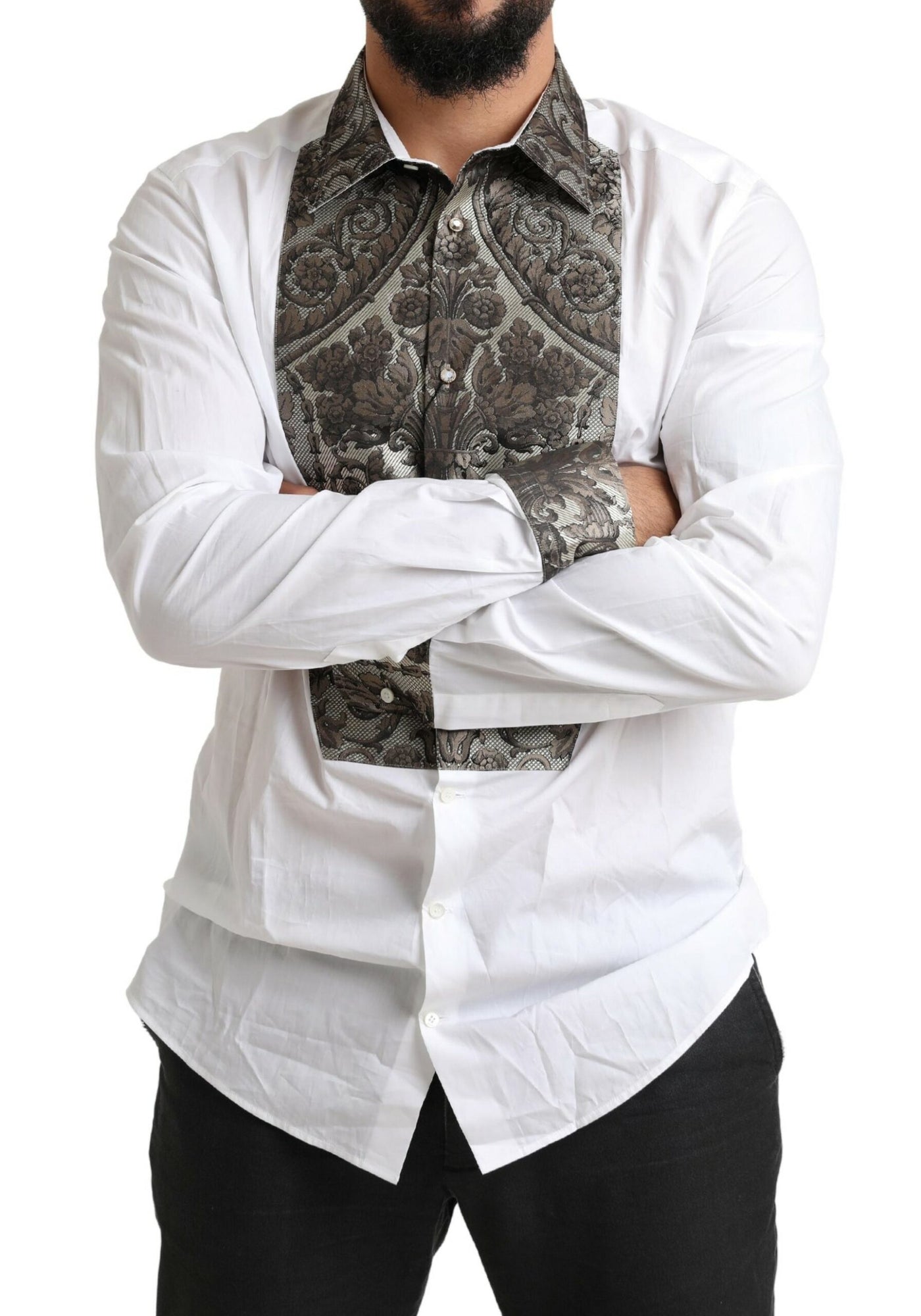 White GOLD Floral Brocade Cotton Formal Shirt