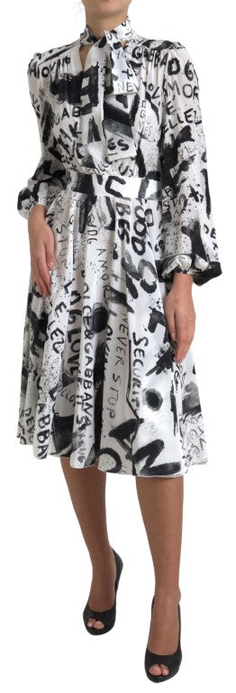 White Graffiti Long Sleeves A-line Dress