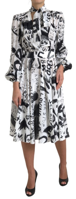 White Graffiti Long Sleeves A-line Dress