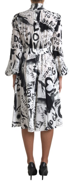 White Graffiti Long Sleeves A-line Dress