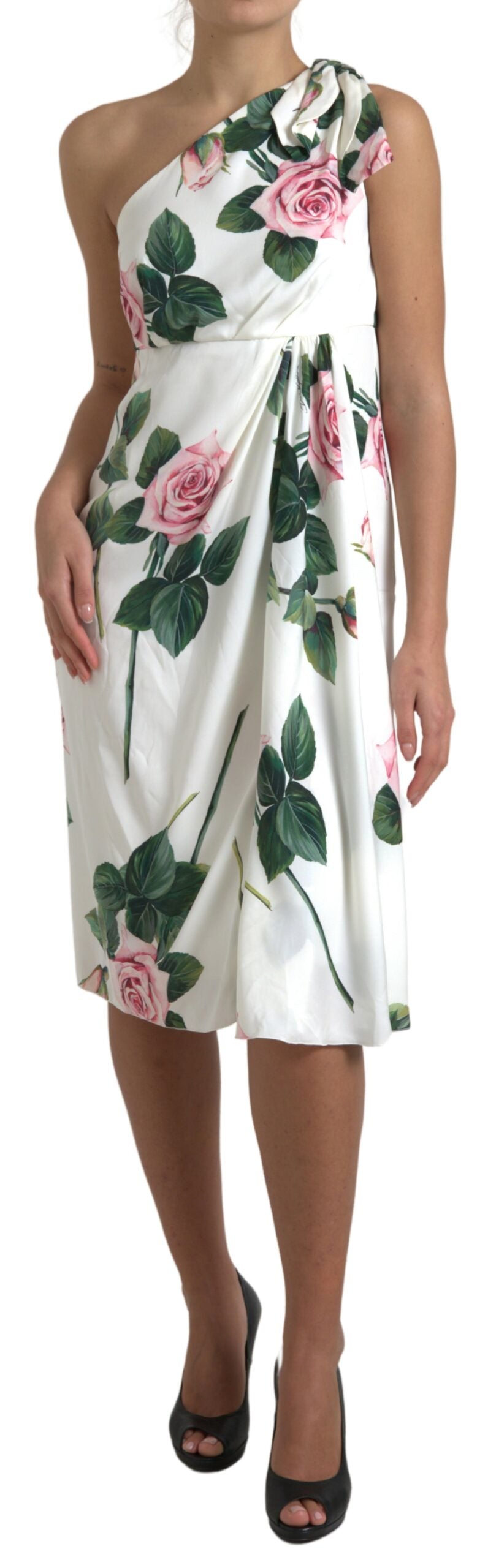 White Roses Print Stretch Silk Pleated