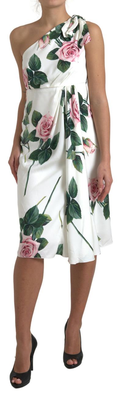 White Roses Print Stretch Silk Pleated