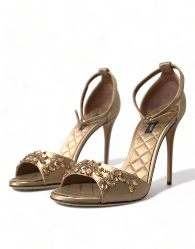 Gold Satin Ankle Strap Crystal Sandals Shoes