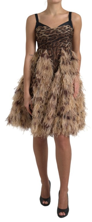 Brown Leopard Feather Chiffon Sleeveless Dress