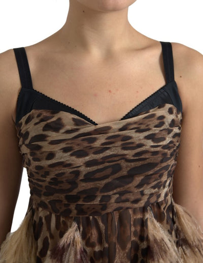 Brown Leopard Feather Chiffon Sleeveless Dress