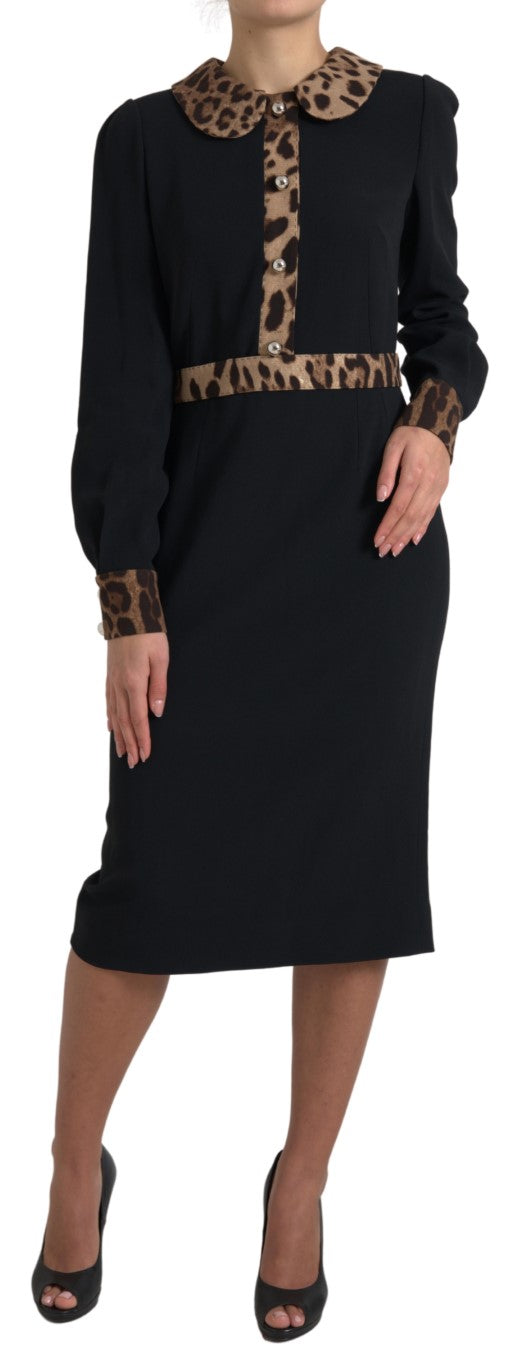 Black Leopard Collared Sheath Midi Dress