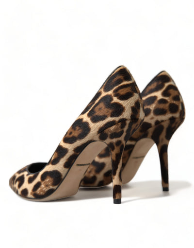 Brown Leopard Pony Hair Leather Heels Shoes