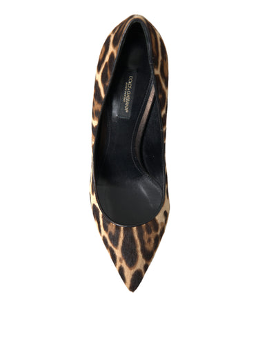 Brown Leopard Pony Hair Leather Heels Shoes