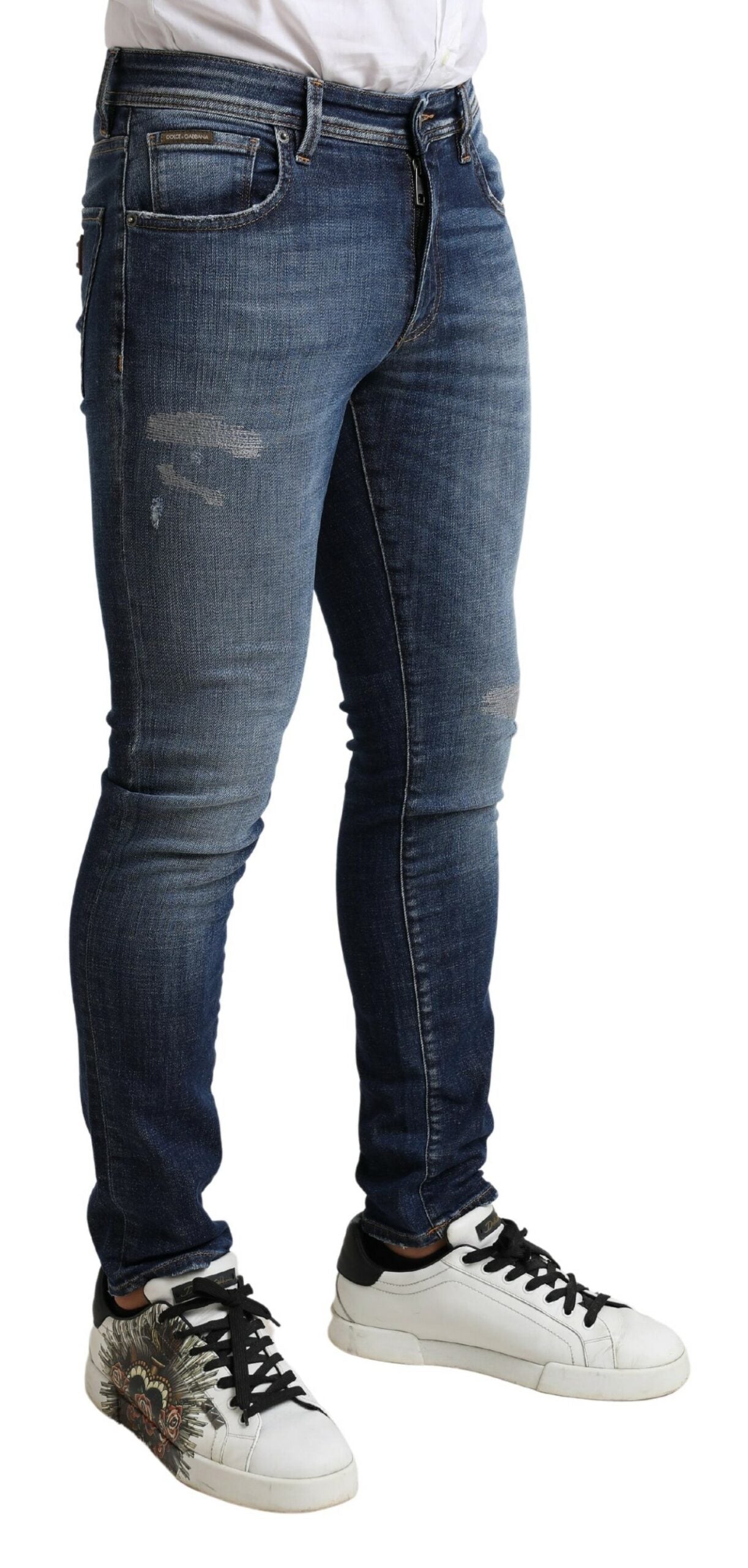 Blue Washed Tattered CottonSkinny Denim Jeans