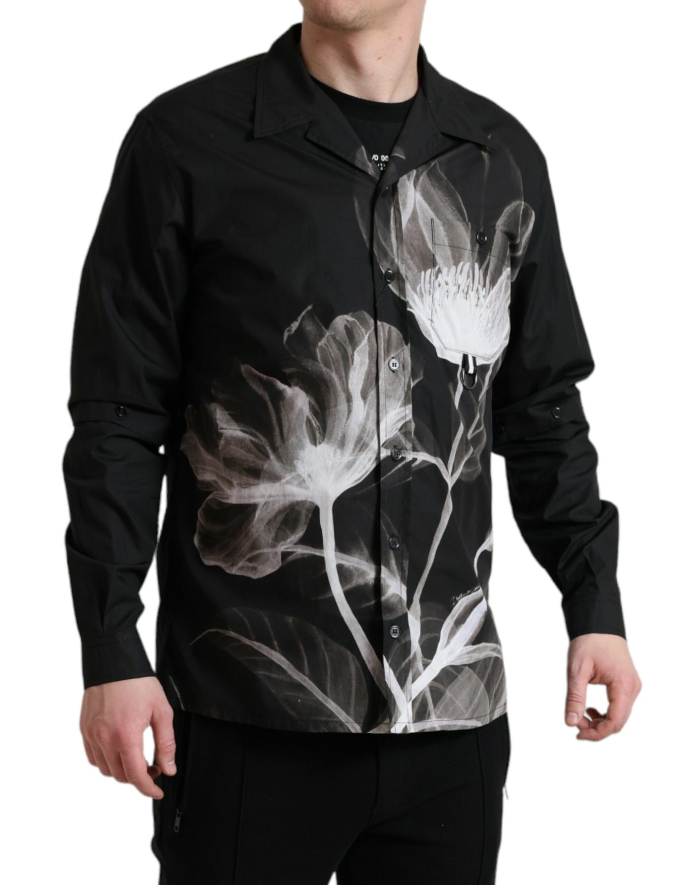 Black Floral Cotton Collared Long Sleeves Men Shirt