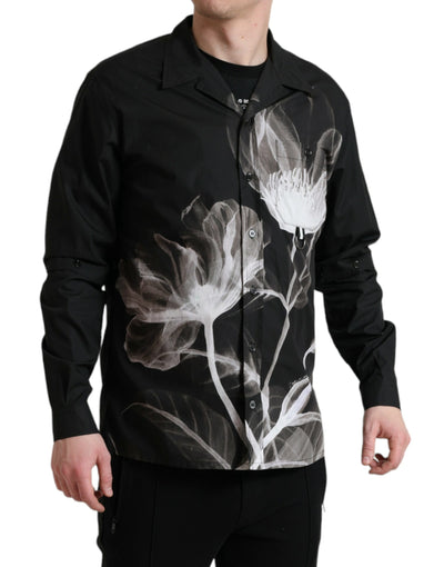 Black Floral Cotton Collared Long Sleeves Men Shirt