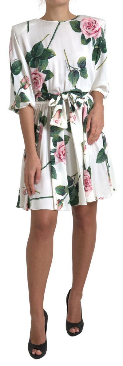 White Roses Print Stretch Silk A-line Dress