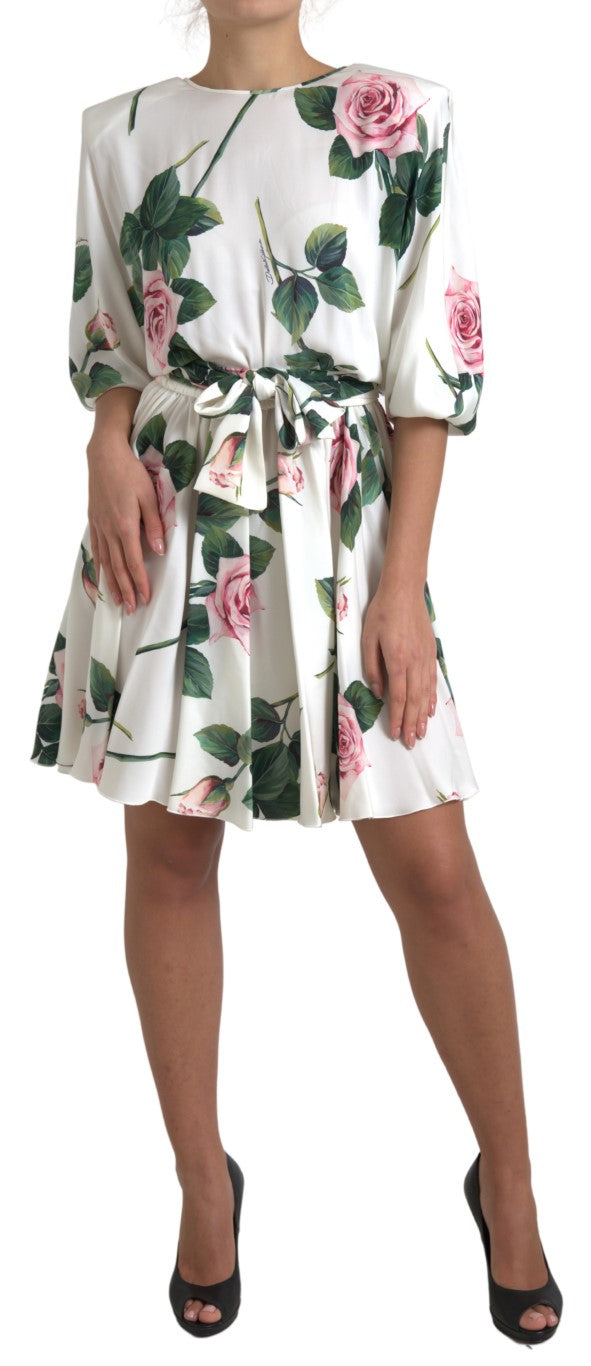 White Roses Print Stretch Silk A-line Dress