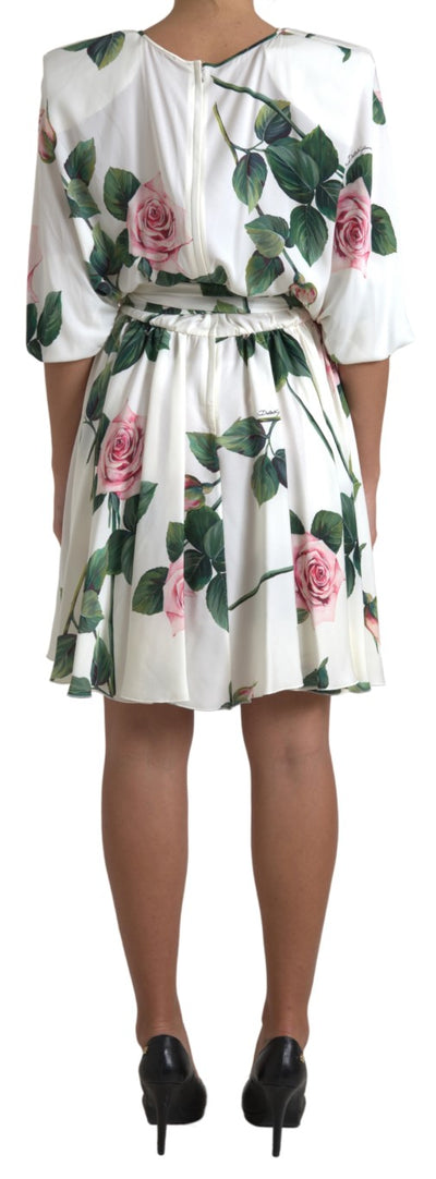 White Roses Print Stretch Silk A-line Dress