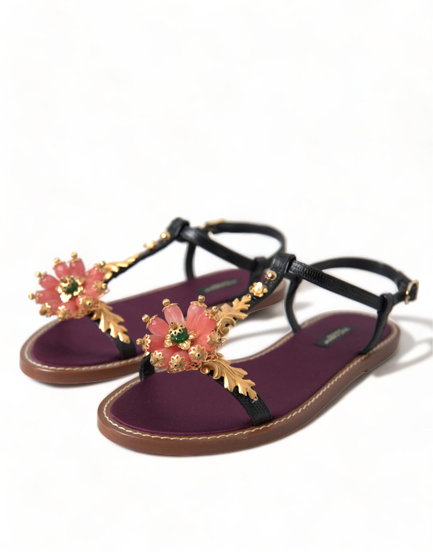 Black Crystal Gold Sandals Leather Shoes