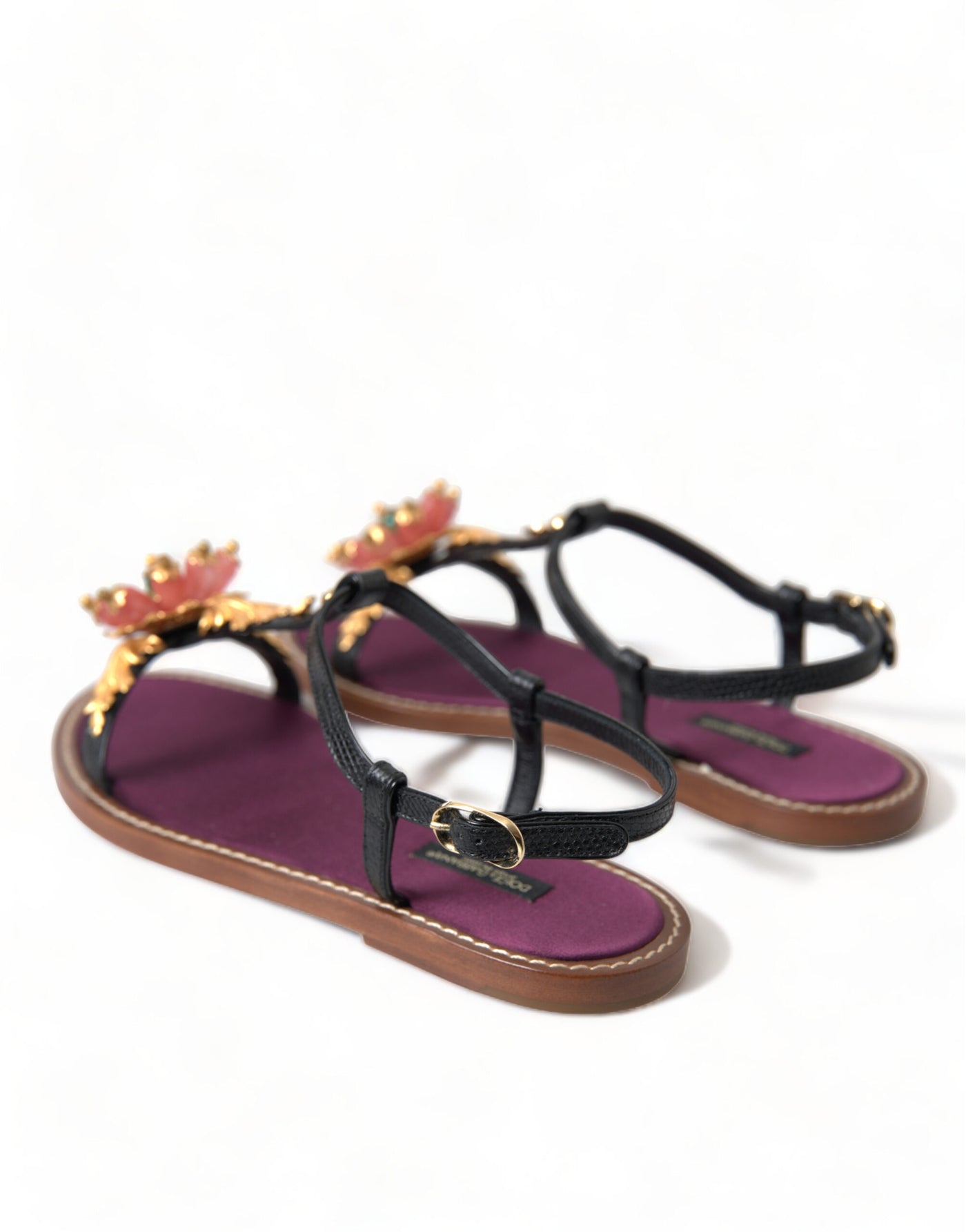 Black Crystal Gold Sandals Leather Shoes