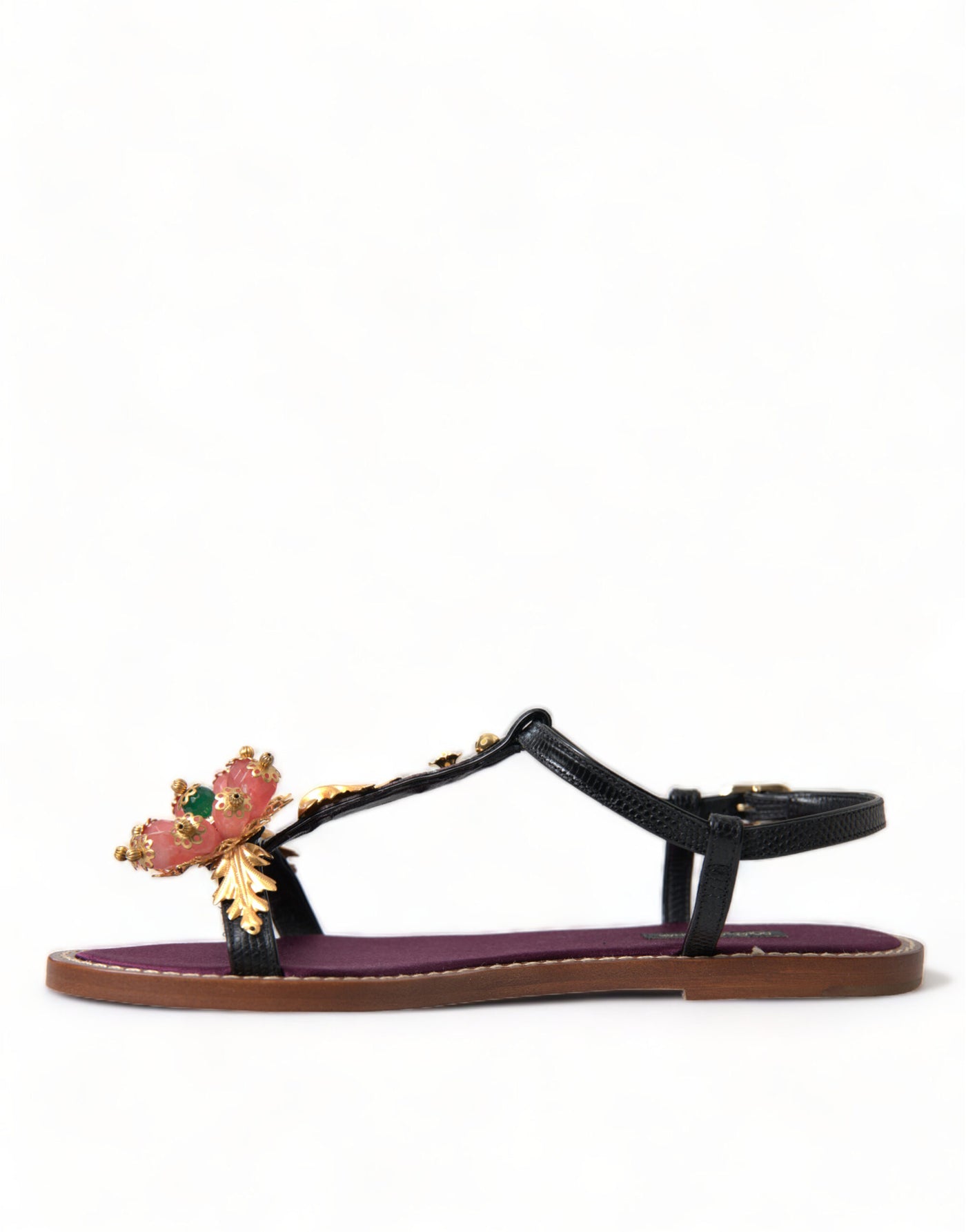 Black Crystal Gold Sandals Leather Shoes