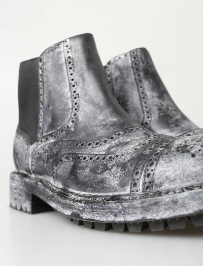 Black Gray Leather Ankle Boots