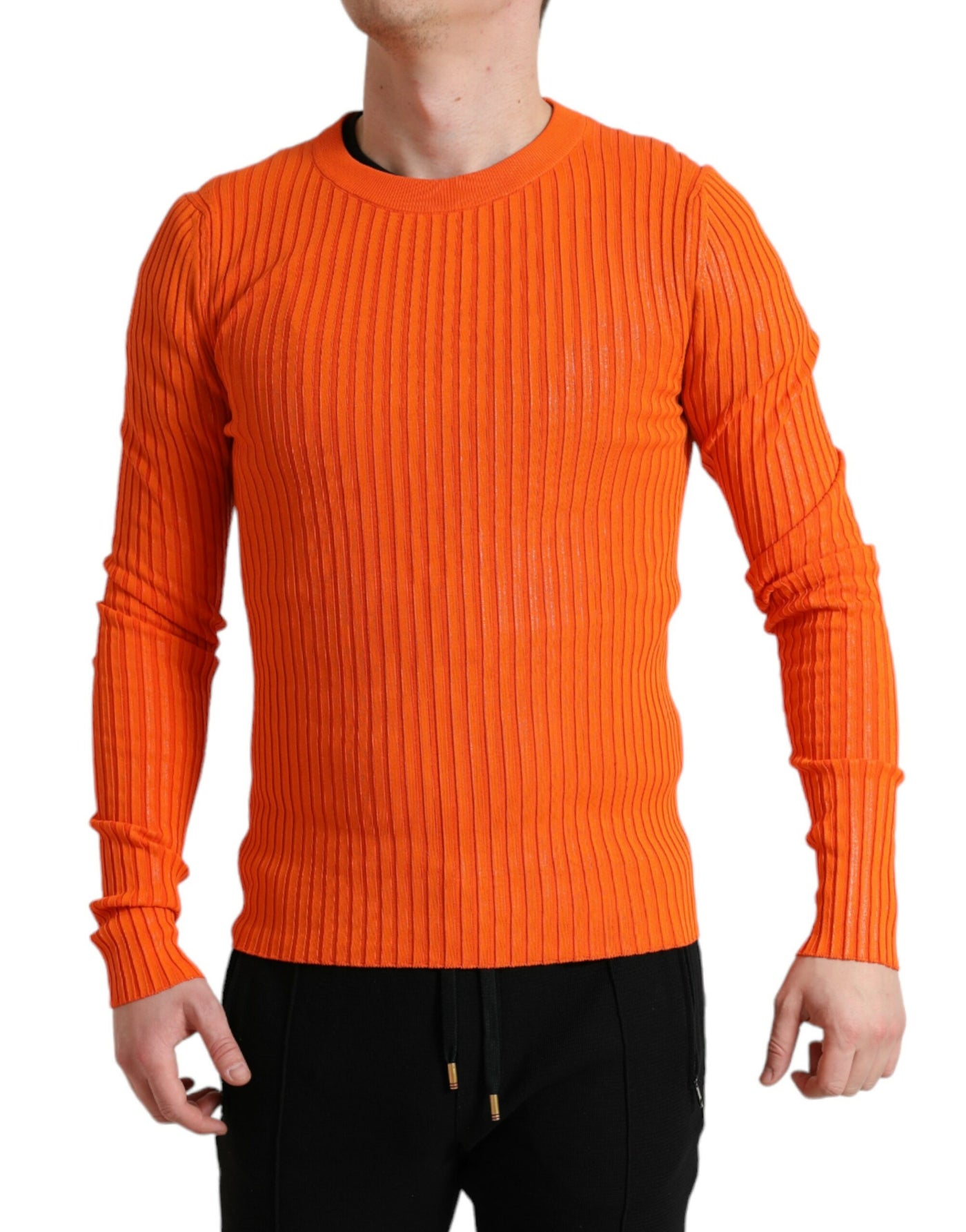 Orange Knitted Crewneck Men Pullover Sweater