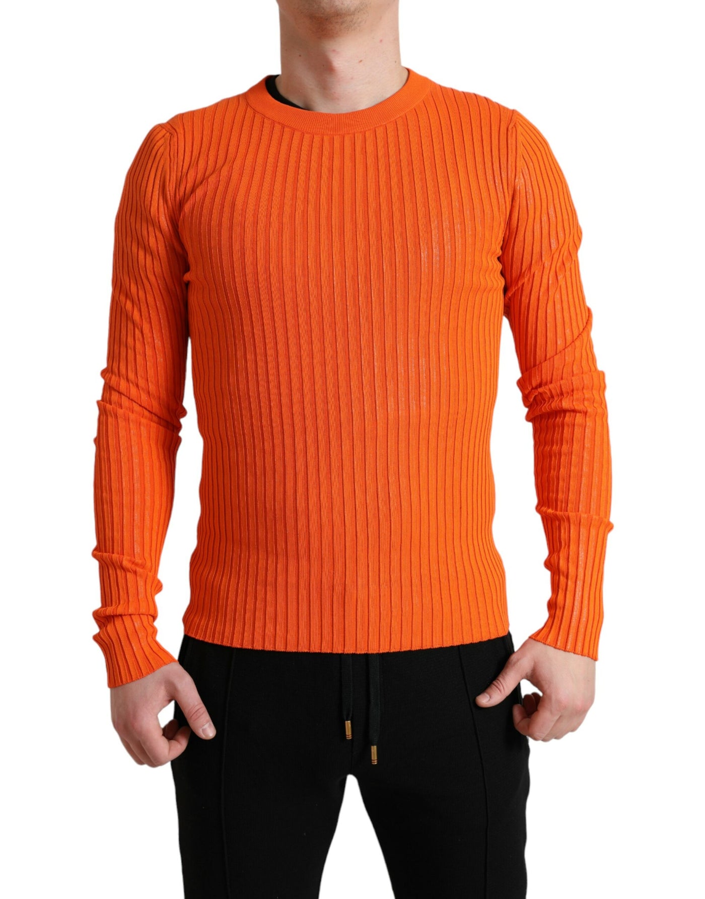 Orange Knitted Crewneck Men Pullover Sweater