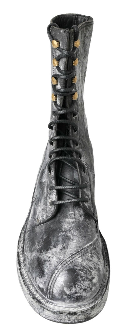 Black Gray Leather Mid Calf Boots Shoes