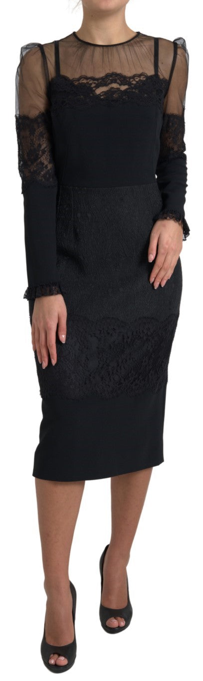 Black Sheer Floral Lace Sheath Midi Dress