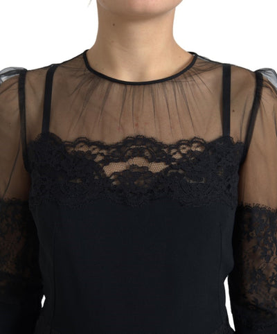 Black Sheer Floral Lace Sheath Midi Dress