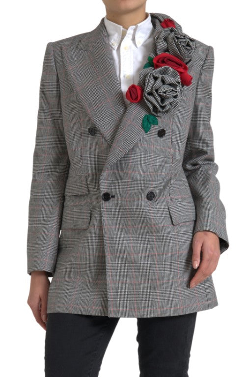 Gray Plaid Rose Applique Coat Blazer Jacket