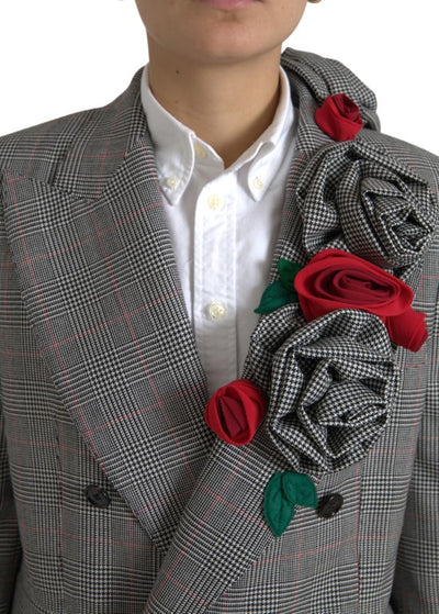 Gray Plaid Rose Applique Coat Blazer Jacket