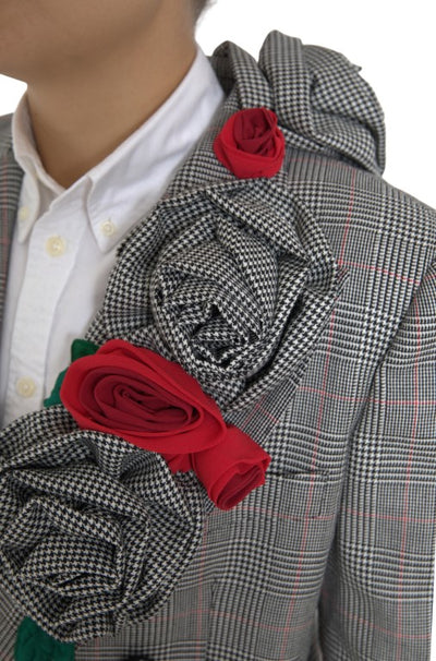 Gray Plaid Rose Applique Coat Blazer Jacket