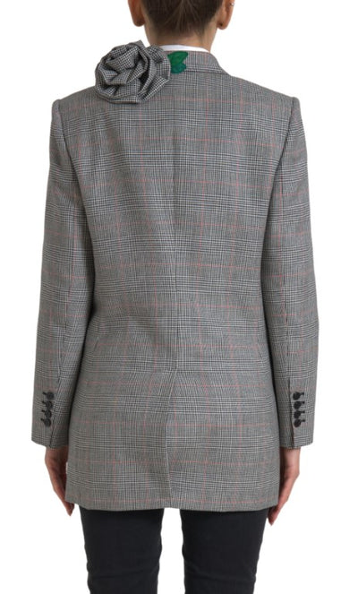 Gray Plaid Rose Applique Coat Blazer Jacket