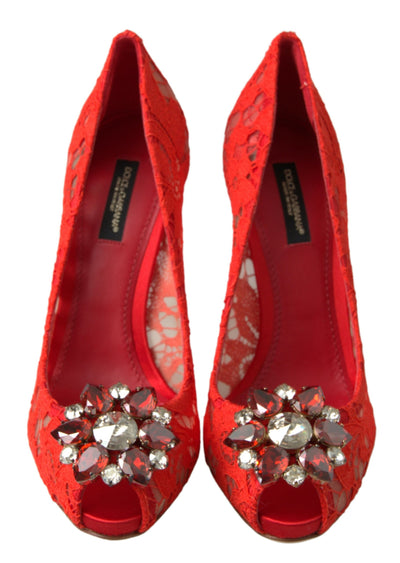 Red Taormina Lace Crystal Heels Pumps Shoes