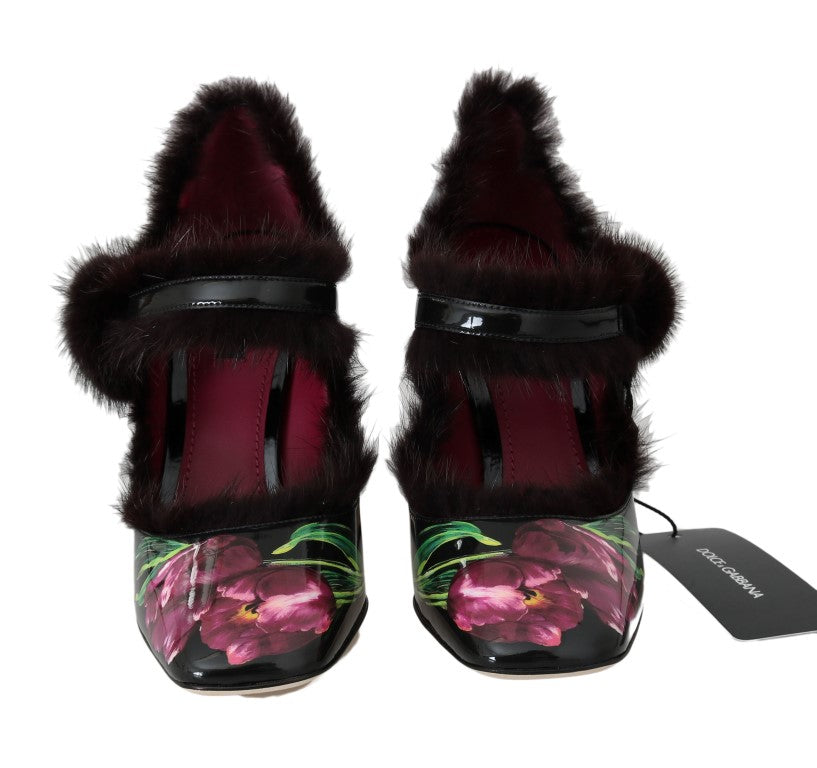 Black Leather Purple Tulip Mink Fur Pumps