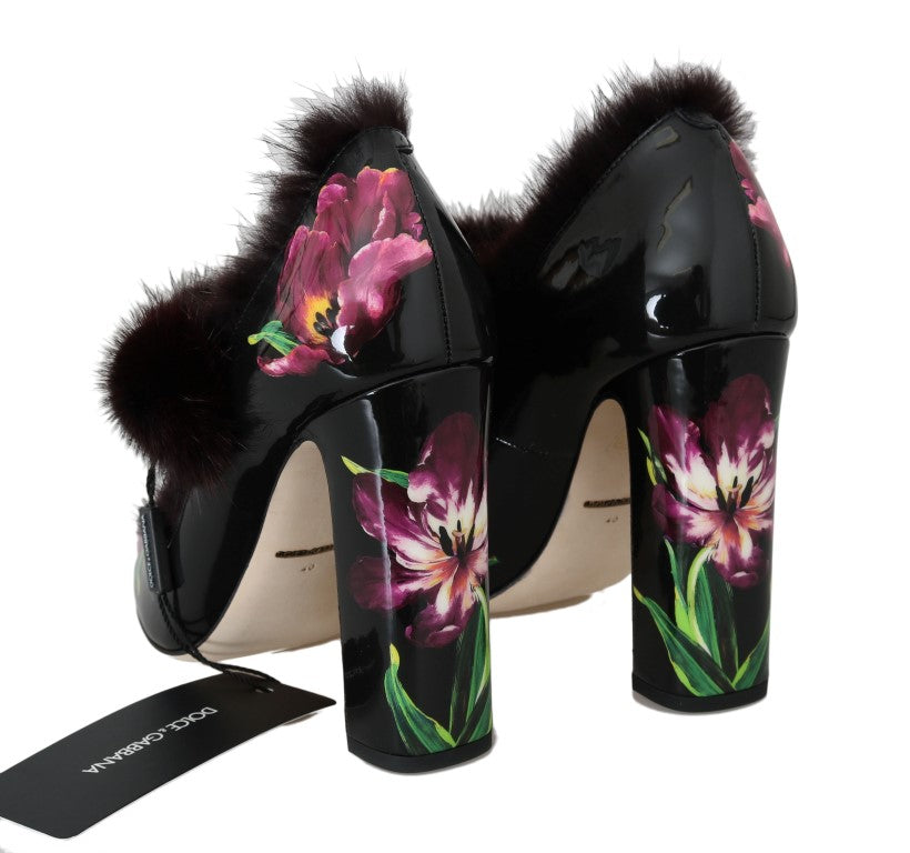 Black Leather Purple Tulip Mink Fur Pumps