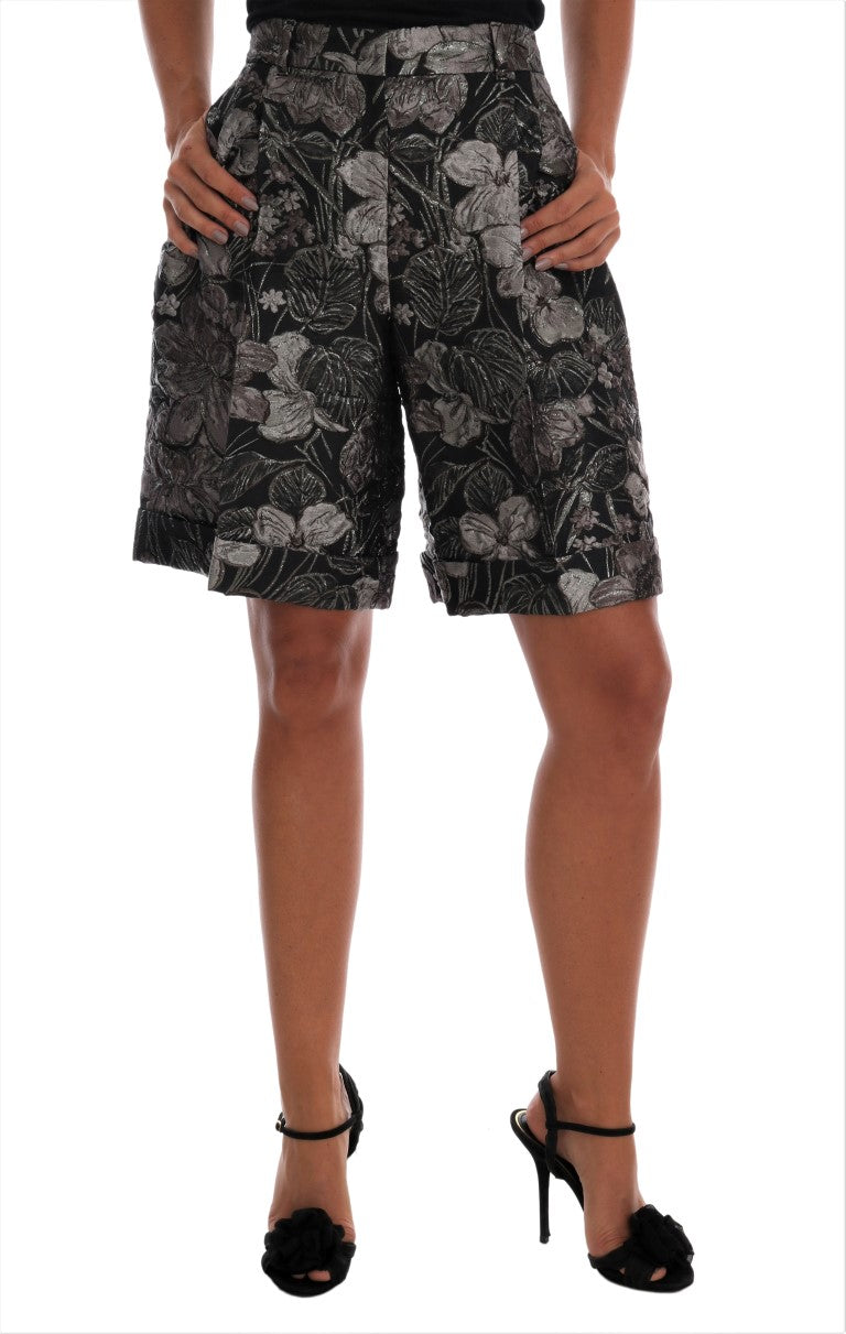 Gray Floral Brocade High Waist Shorts