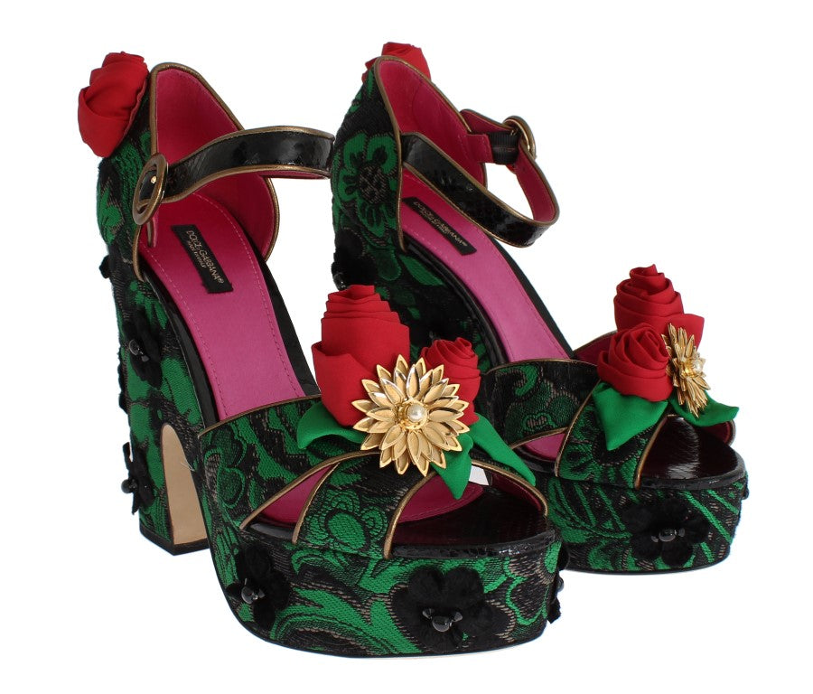 Green Brocade Snakeskin Roses Crystal Shoes