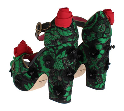 Green Brocade Snakeskin Roses Crystal Shoes