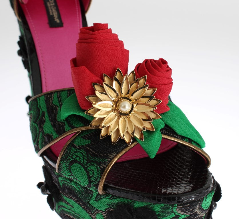 Green Brocade Snakeskin Roses Crystal Shoes