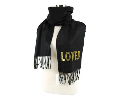 Black Silk Cashmere Long Scarf Yellow Sequin "LOVED"