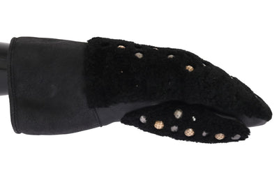 Black Leather Shearling Studded Gloves