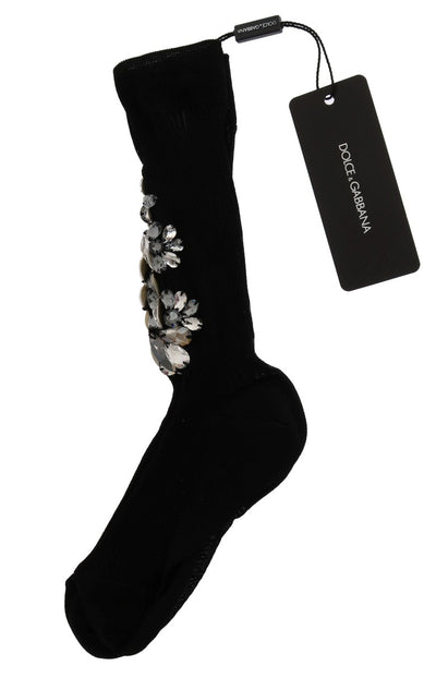 Black Knitted Floral Clear Crystal Socks