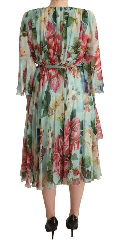 Multicolor Green Floral Silk Wrap Midi Dress