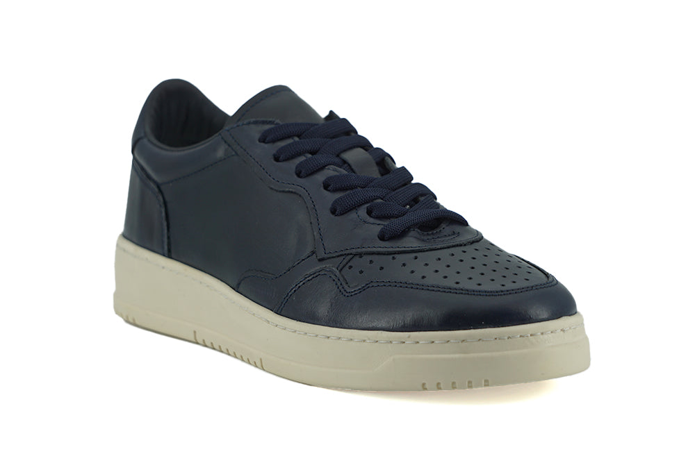 Navy Blue Leather Low Top Sneakers