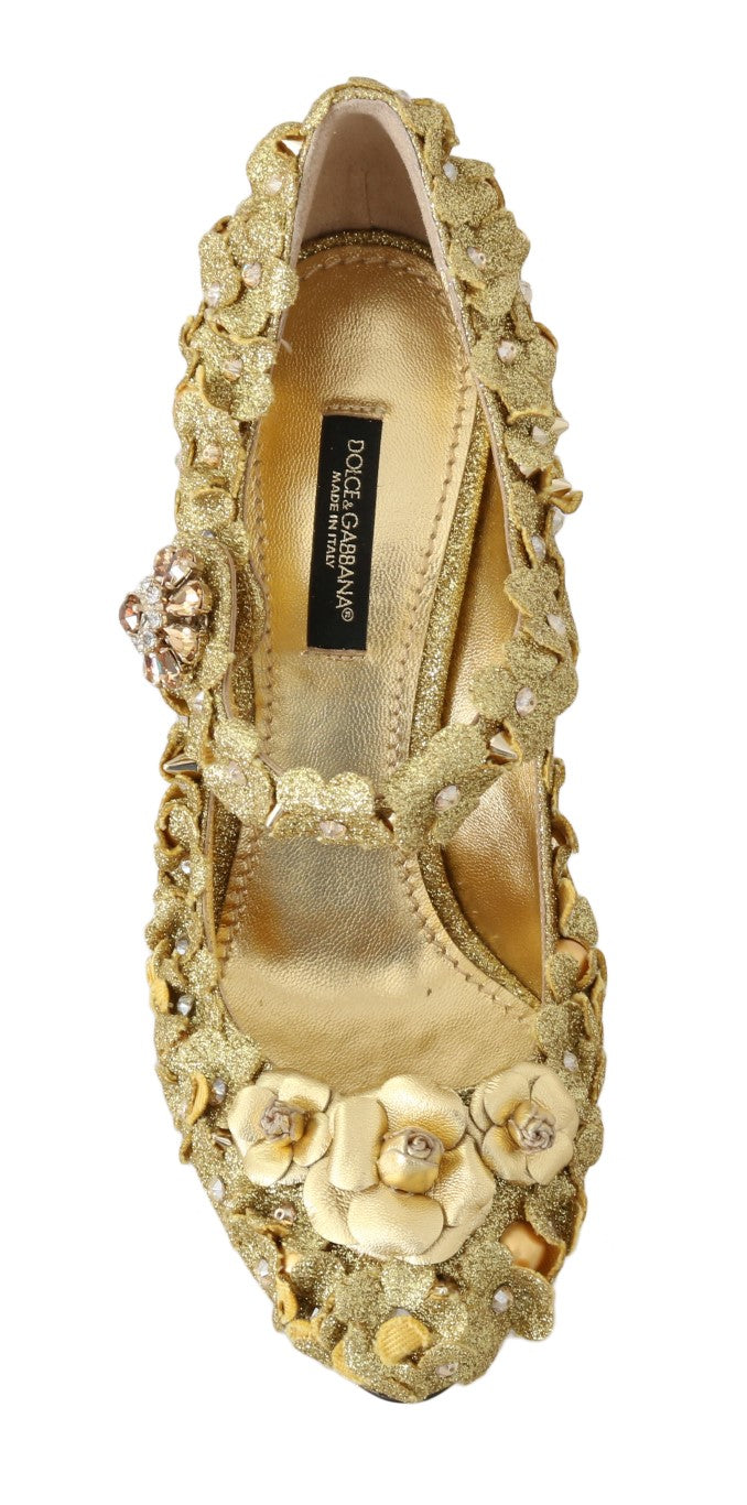 Gold Floral Crystal Mary Janes Pumps