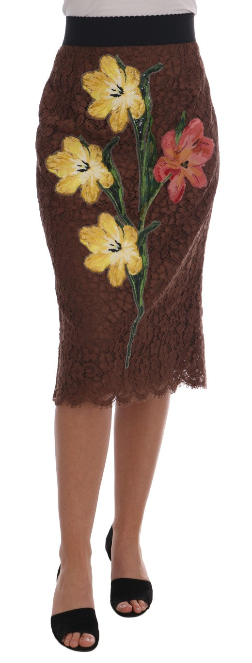 Brown Floral Lace Pencil Skirt