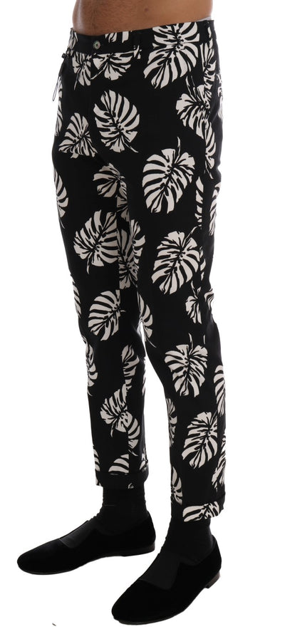 White Black Leaf Cotton Stretch Slim Pants